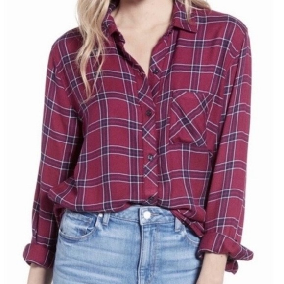 Rails Button Up Hunter Plaid Shirt in Merlot Navy White Sz XS EUC Red Blue - Picture 2 of 13